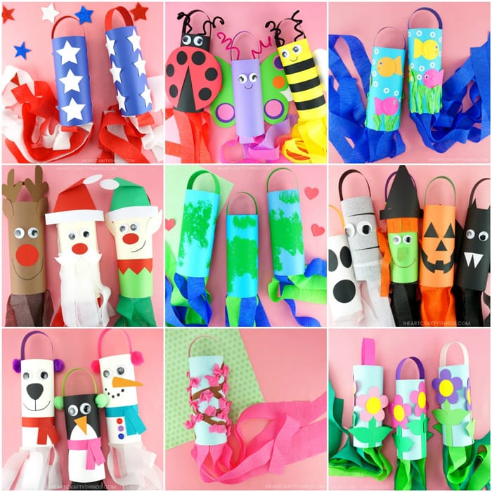 Nine windsock crafts in a square collage image.