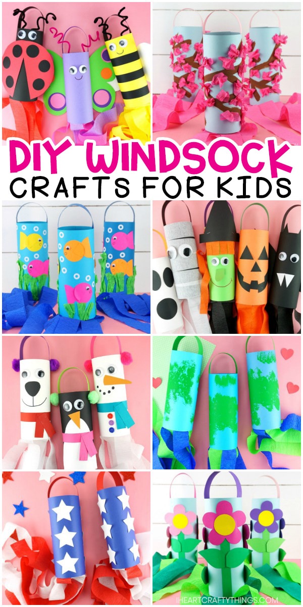 Horizontal collage image showing 8 different types of windsock crafts for kids to make.