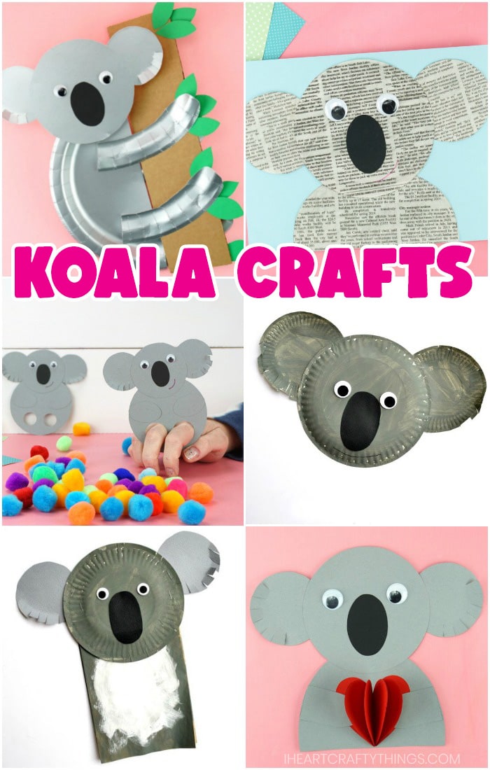 vertical collage image featuring six koala crafts for kids made out of different materials