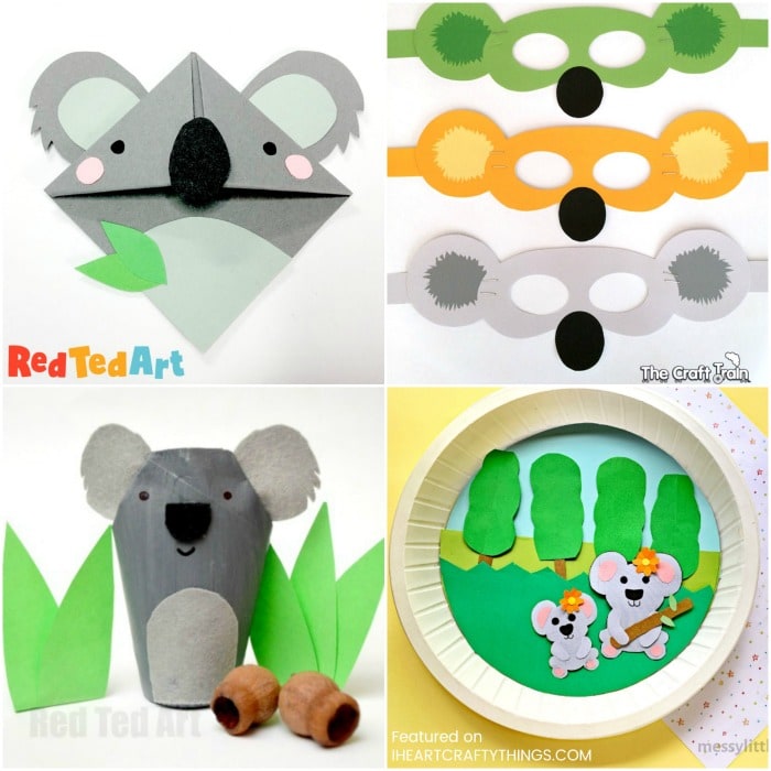 Square collage image of four different types of koala crafts for kids