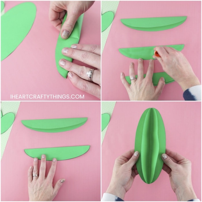 four photo square collage image showing steps for how to make a paper cactus craft