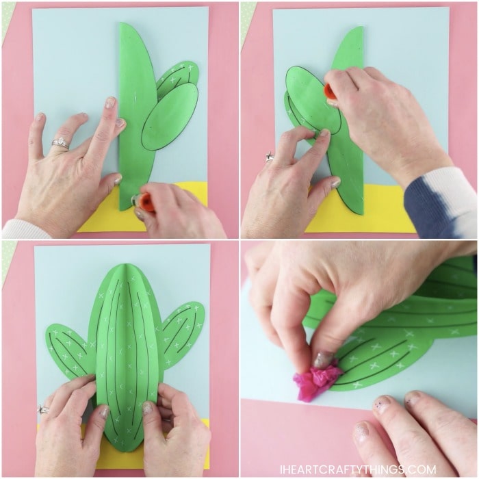 four photo square collage image showing steps for how to make a paper cactus craft