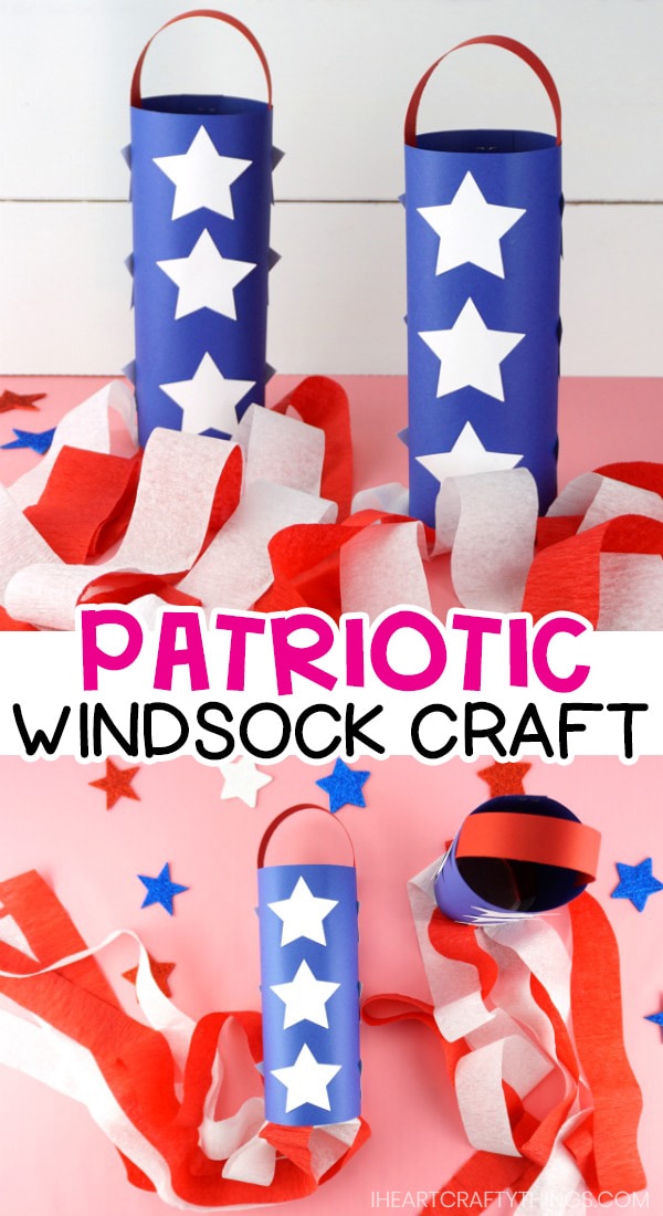 Vertical two-image collage of red, white and blue star windsocks with the words "patriotic windsock craft" in the center.