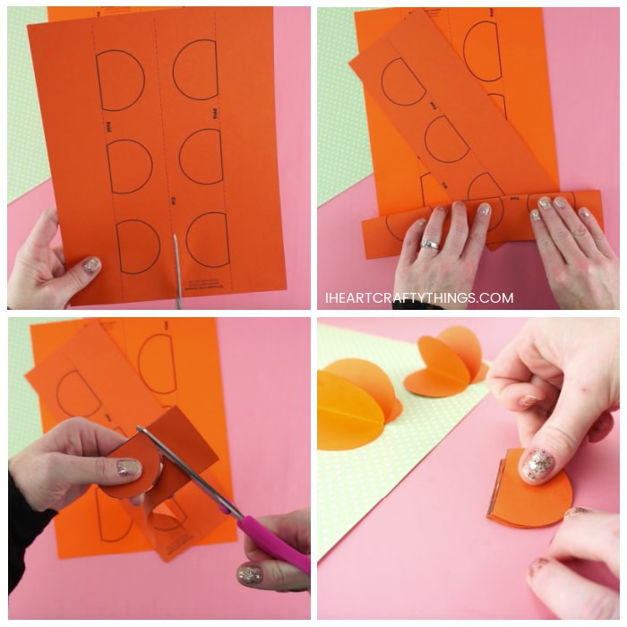 Four image collage showing adult folding and cutting out the pumpkin craft template.