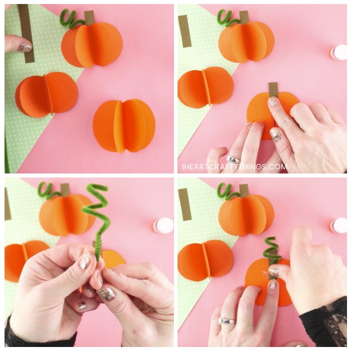 Four image collage showing 3D pumpkin shape glued together, adult gluing brown paper stem on pumpkin, making the pipe cleaner vine and stapling it onto the paper pumpkin.