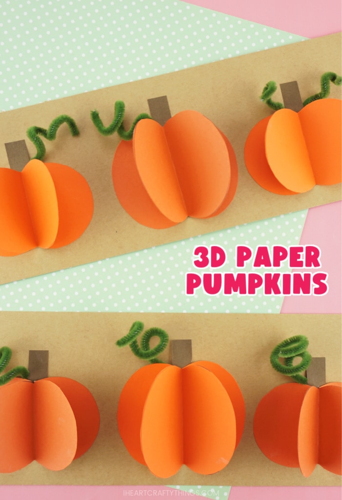 Vertical close up image of 3D paper pumpkins craft.