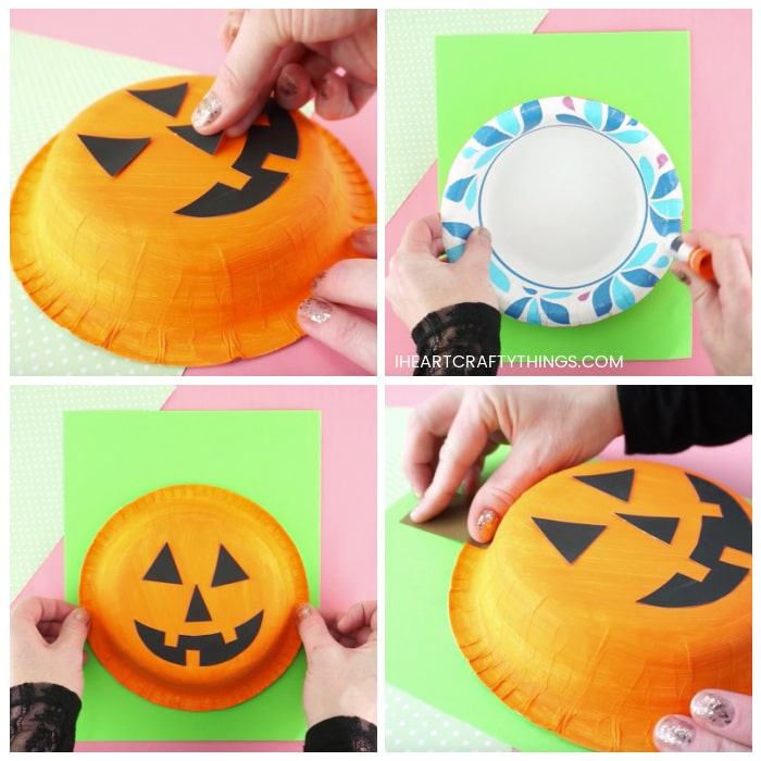 Four image collage showing adult gluing pumpkin face on painted paper bowl and then gluing the paper bowl and brown stem onto cardstock paper.