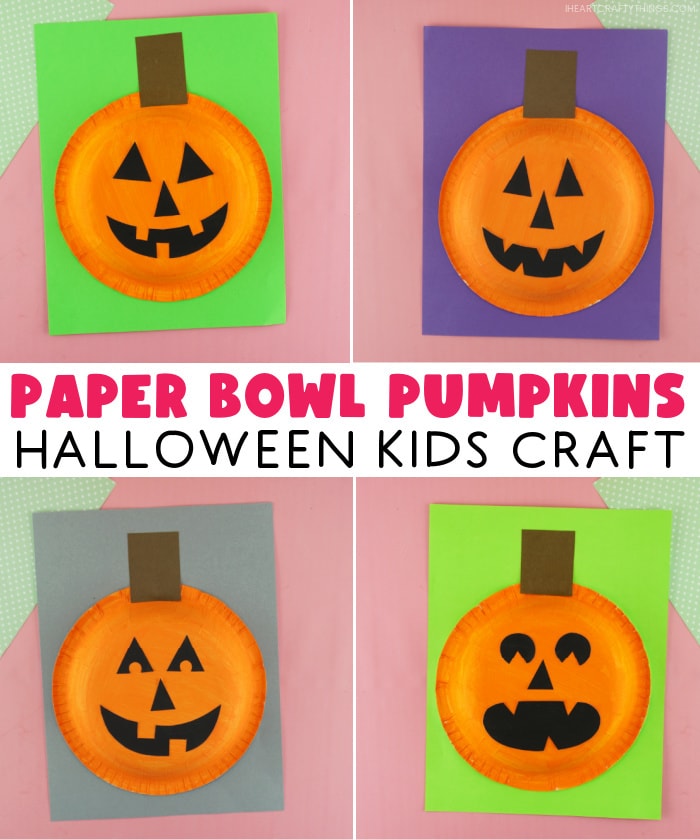 Four image collage showing four different versions of the pumpkin craft with the words "Paper Bowl Pumpkins Halloween Kids Craft" in the center.