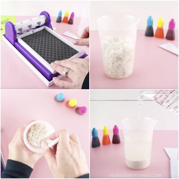 Four image collage showing how to set up the Crayola Paper Maker and an adult adding paper shreds to the plastic cup, tapping it down and adding water to the cup.