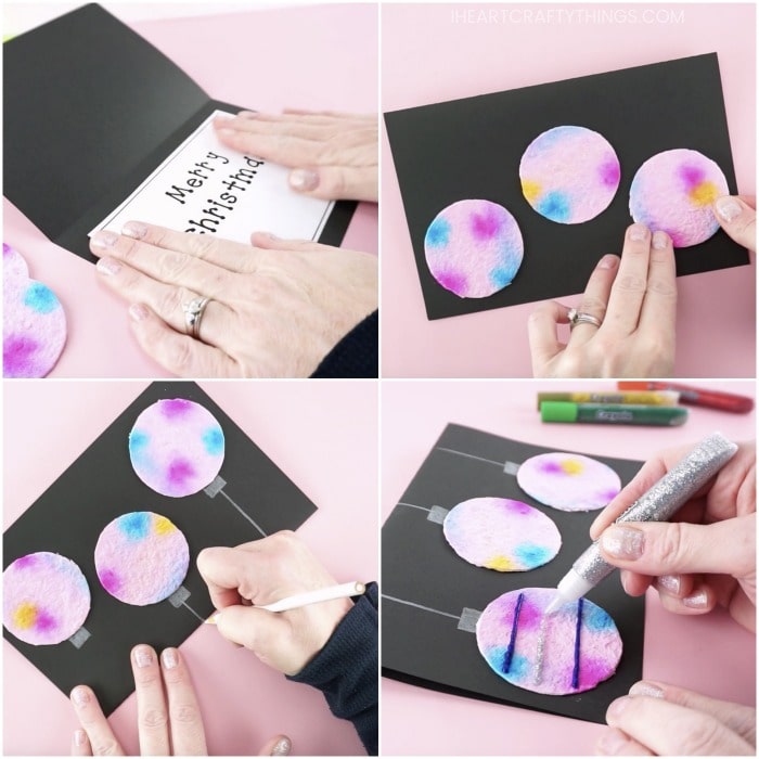 Four image collage showing an adult gluing the printable greeting card message inside the black greeting card, then gluing the diy paper scissors on the front of the card, drawing lines down from the circles to make them look like hanging ornaments, and adding Crayola glitter glue onto the ornaments.