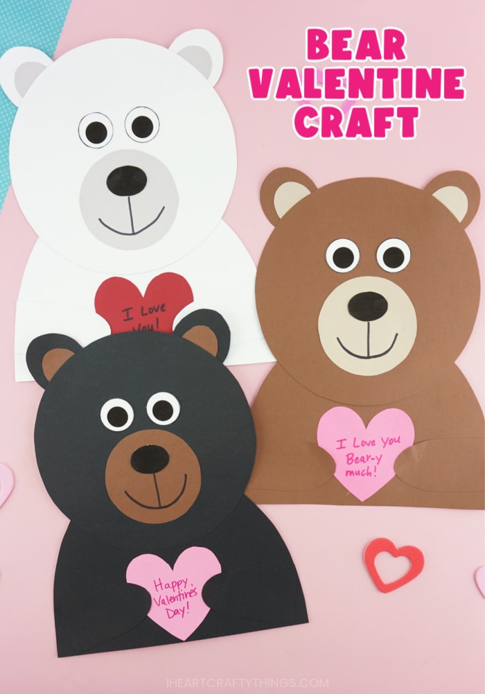 Vertical image of polar bear, black bear and brown bear Valentine crafts laying next to each other with the text "Bear Valentine Craft" in the top right corner.