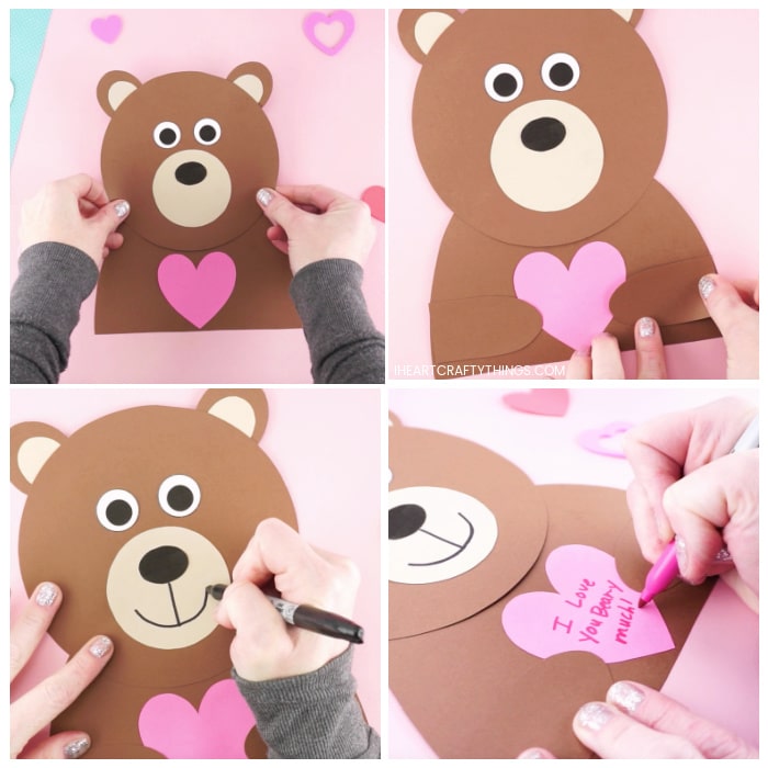 Four image collage showing adult gluing together the pieces of the template to make their bear and then using markers to draw a mouth and message on the heart.