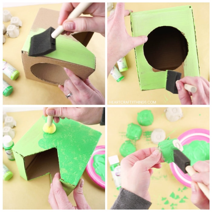 Four image collage showing how to paint the boxes with Testors Craft Cactus acrylic paint and then how to add a second sponge painted layer with Testors Craft green paint, and lastly how to paint the egg cartons with green paint.