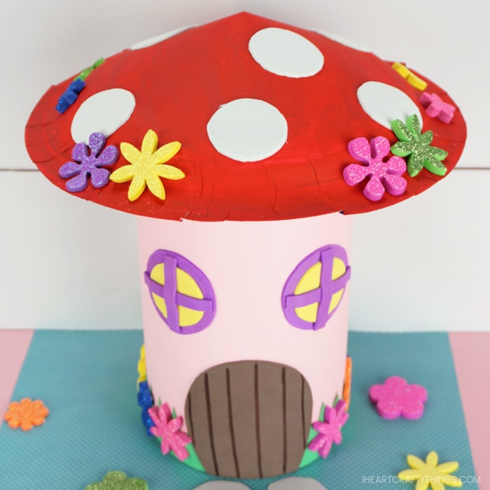 Top angle looking down showing the mushroom roof on the fairy house Valentine box.