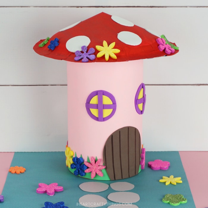 Side angle view of the finished DIY fairy house Valentine box.