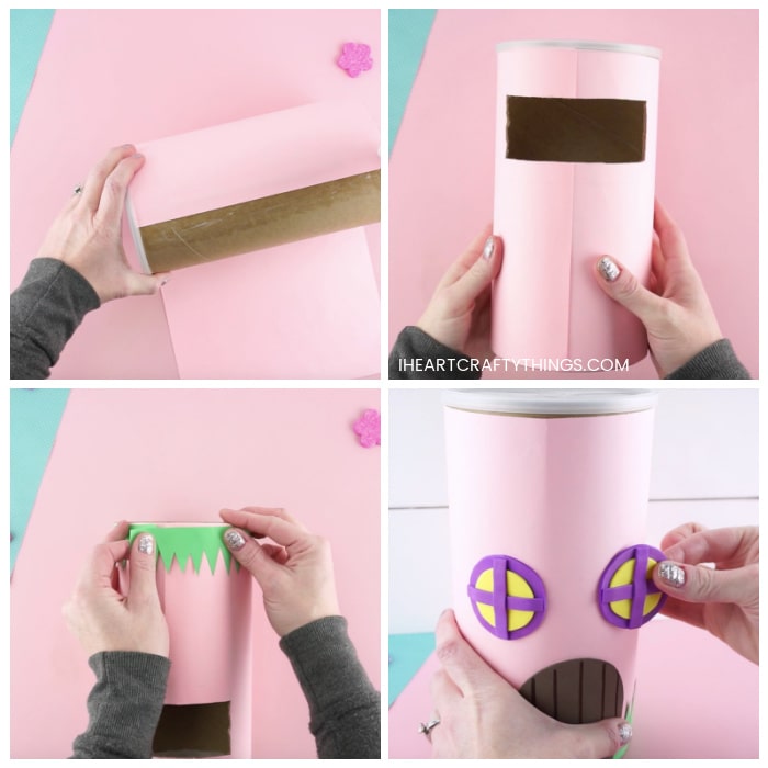 Four image collage showing how to cover the oatmeal container with construction paper, how to cut the hole in the back of the container for a Valentine slot, how to glue grass at the bottom of the container and how to add felt details to the fairy house Valentine box.