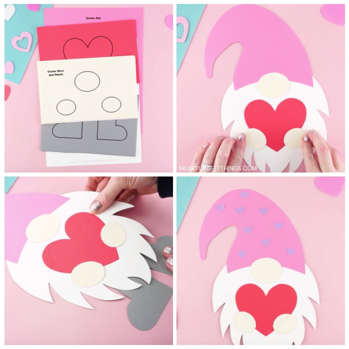 Four image collage showing the printed out template, adult gluing each of the pieces together to make the Valentine gnome craft.