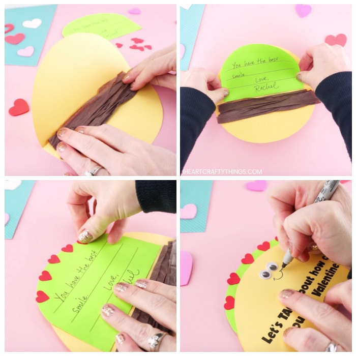 Four image collage showing how to glue the brown tissue paper inside Taco Valentine, how to glue the green lettuce message inside taco, how to glue the small red tomato hearts onto card and how to draw a smile on the front of the taco card.