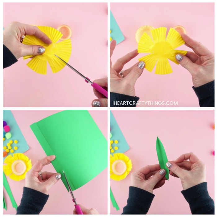 Four image collage showing how to cut slits in the yellow cupcake liner to make daffofil petals and how to cut the leaves out of green cardstock paper.