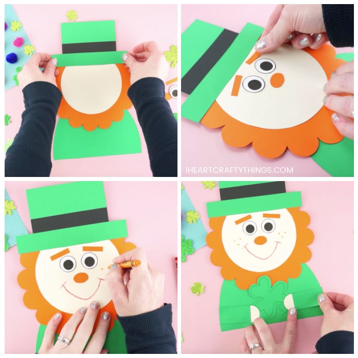 Four image collage showing how to assemble together the template pieces to make your leprechaun craft and then how to add a smile and freckles with crayons.