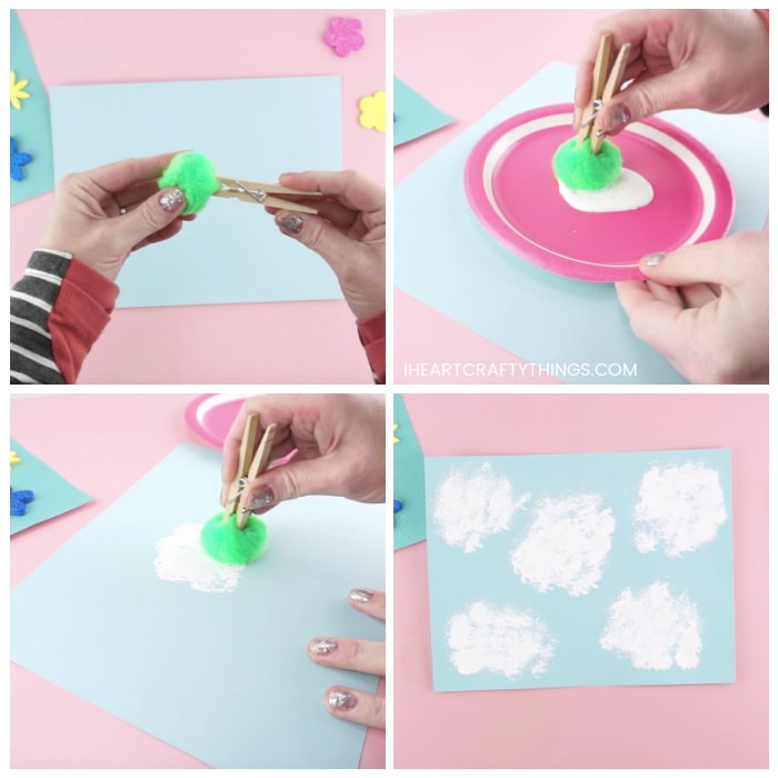 Four image collage showing how to attach the pom-pom to the clothespin and how to dip it into white paint and onto the blue cardstock paper to paint clouds.