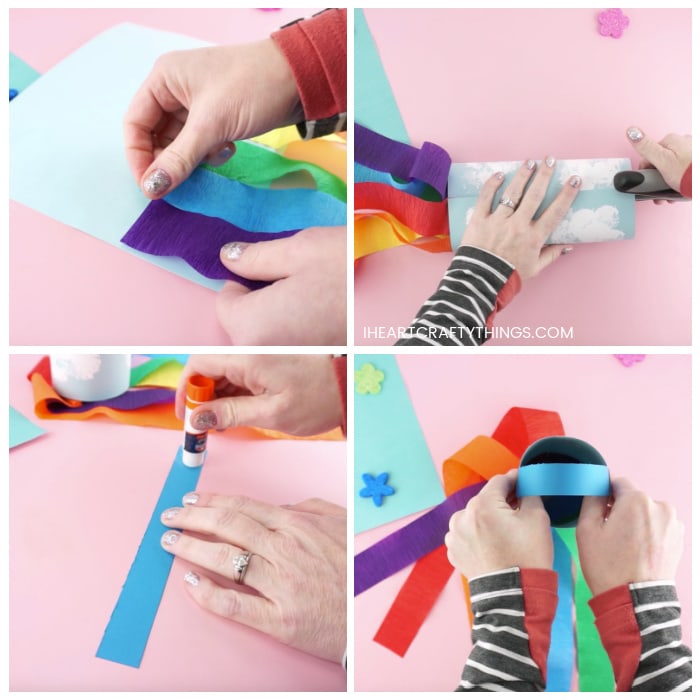 Four image collage showing how to glue the crepe paper rainbow strips onto the back of the windsock, how to staple the windsock into a cylinder shape and how to glue the handle at the top of the windsock.