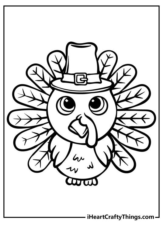 Turkey coloring page featuring cute cartoony Thanksgiving turkey in a pilgrim’s hat