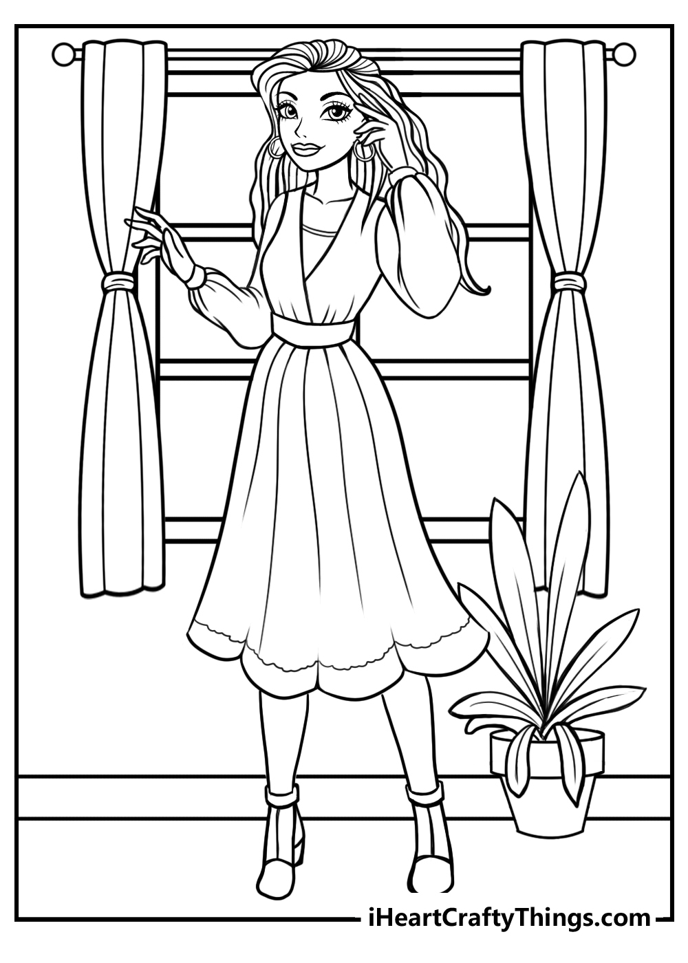 Barbie looking out the window free coloring page for preschoolers