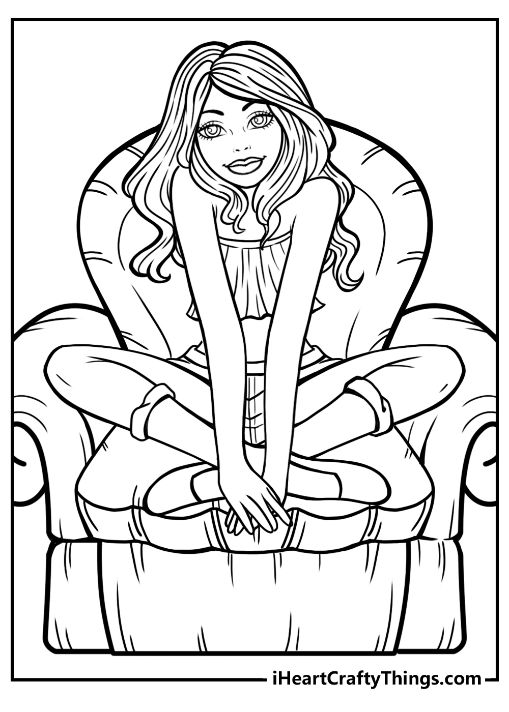 Barbie sitting cross-legged in chair free coloring sheet