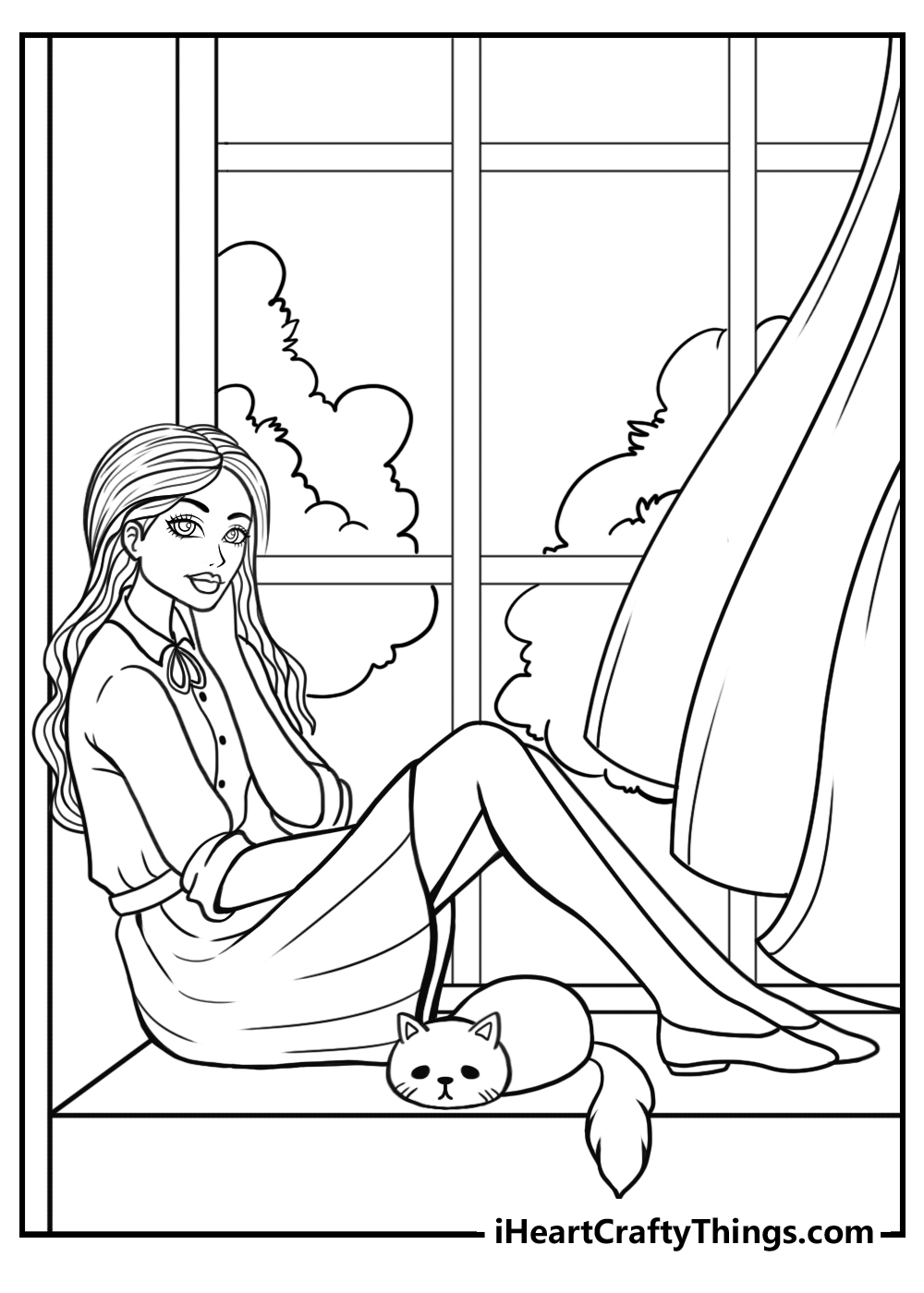 Barbie sitting by a window with a cat free printable coloring page