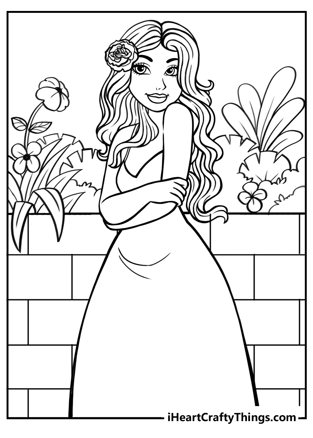 Barbie with flower in her hair standing in a garden coloring sheet for preschoolers