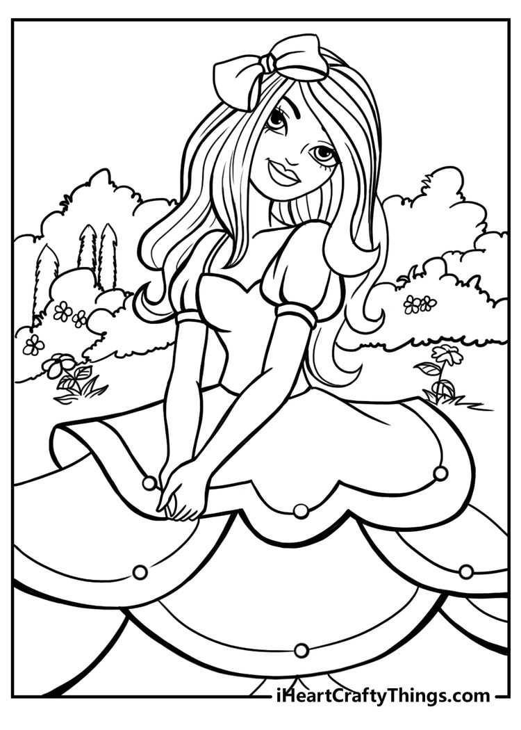 Princess Barbie in a gown sitting in a garden printable coloring page