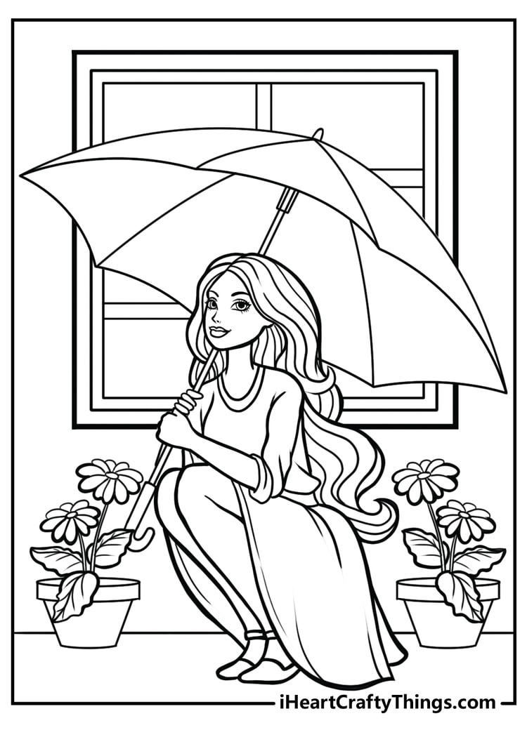 Barbie with an umbrella sitting near potted plants coloring sheet