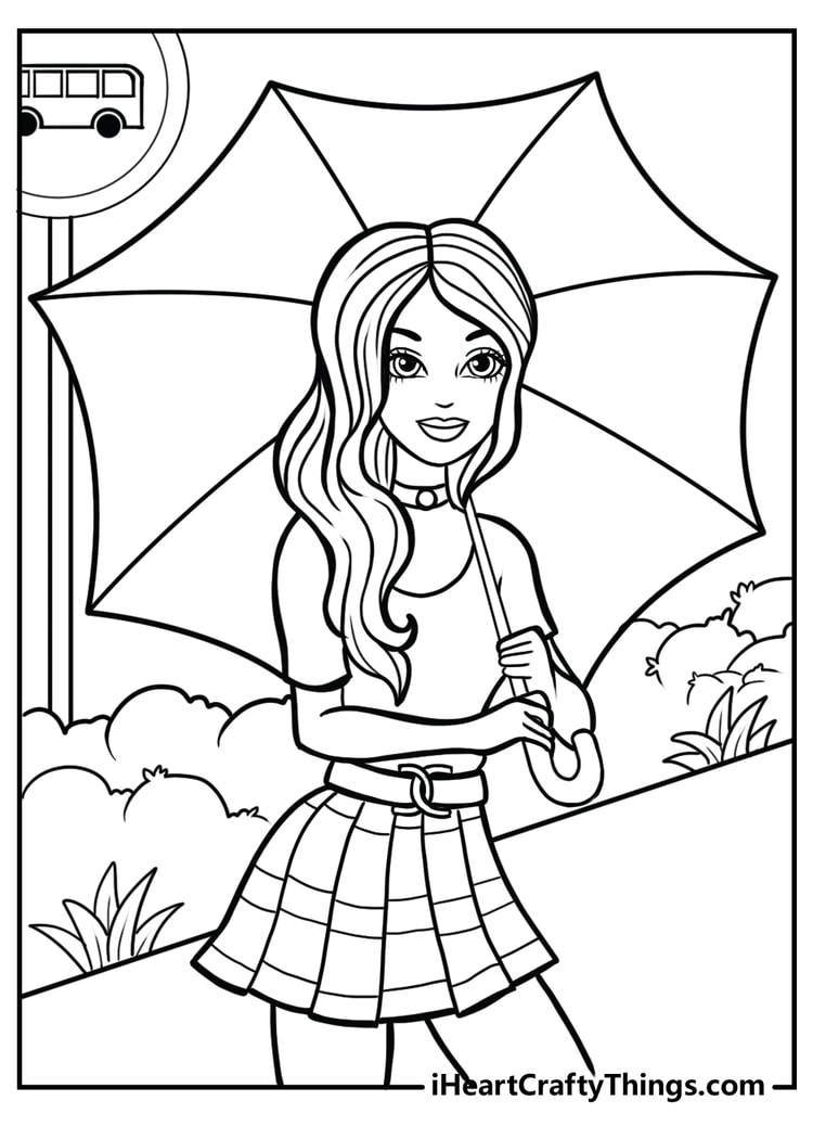 Barbie with an umbrella at a bus stop free printable for kids