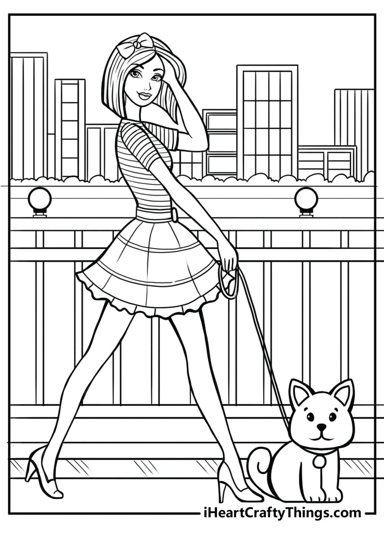 Barbie walking her dog in the city coloring page printable