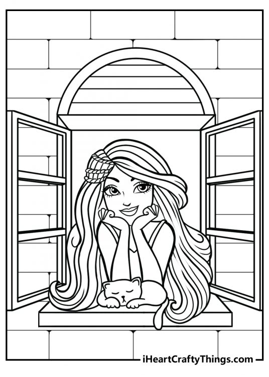 Printable coloring page of Barbie with long hair and a kitten