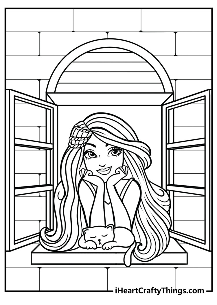 Printable coloring page of Barbie with long hair and a kitten