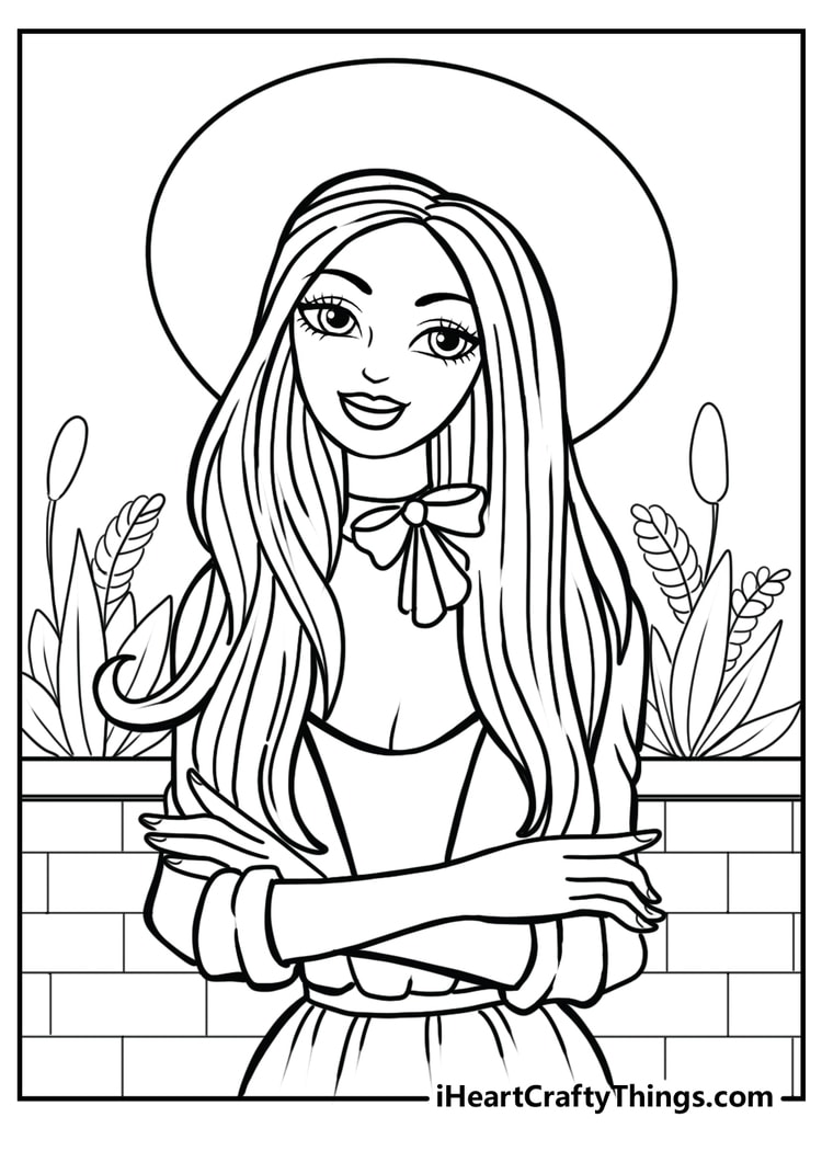 Barbie in a stylish outfit with a bow in her hair detailed coloring sheet