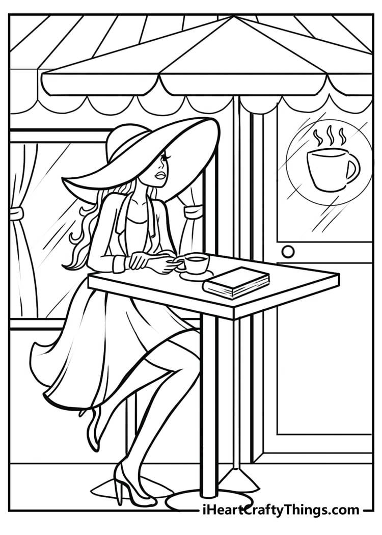 Barbie at a coffee shop coloring page