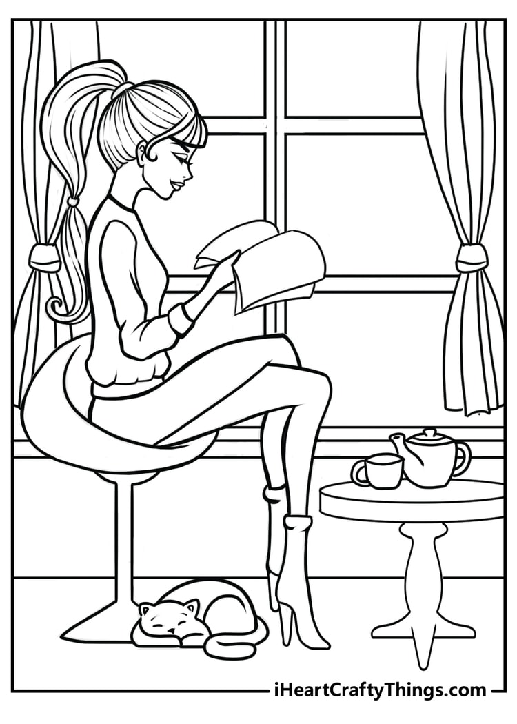 Cute Barbie reading a book and drinking tea page to color