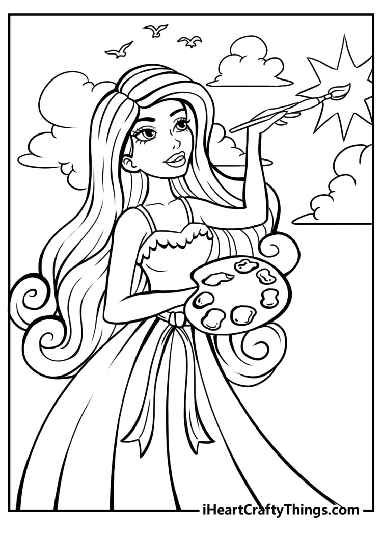 Printable Barbie painting in the clouds coloring sheet for kids