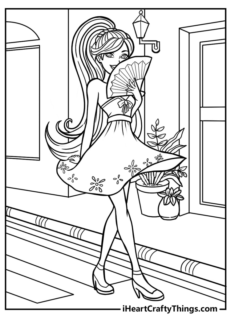 Barbie walking in a stylish dress holding a fan kawaii printable coloring page