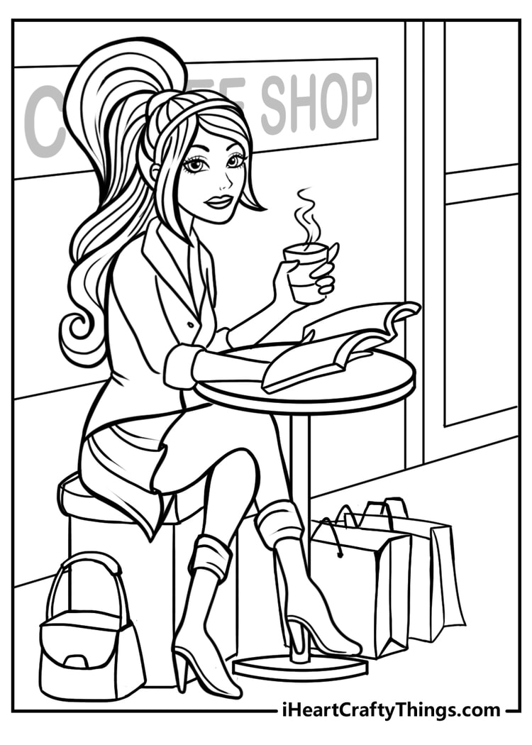 Barbie enjoying coffee at a cafe free printable coloring page