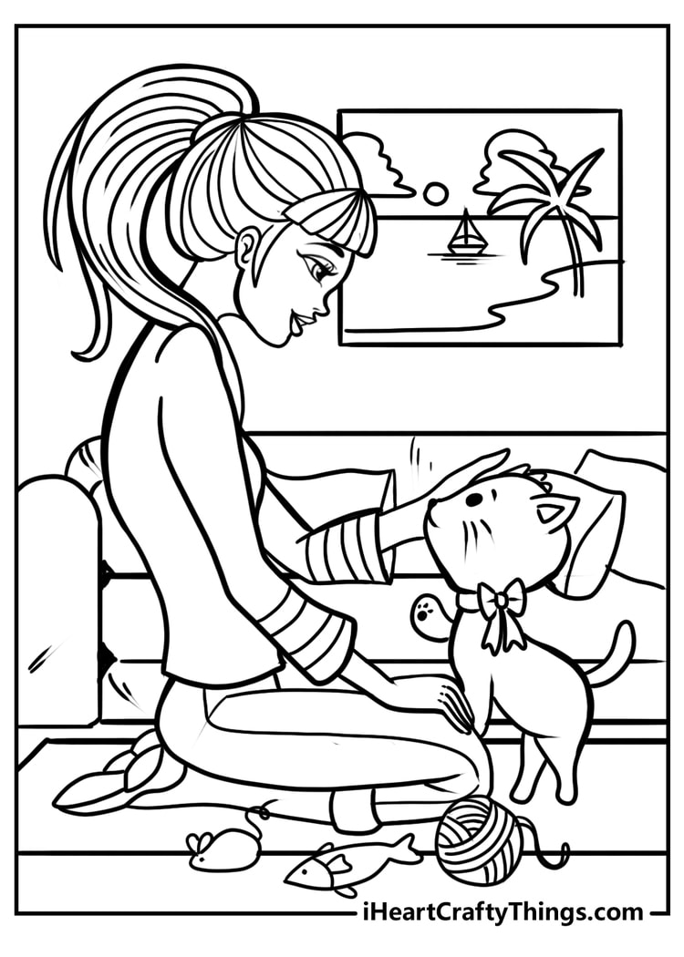 Barbie playing with a cat detailed coloring page