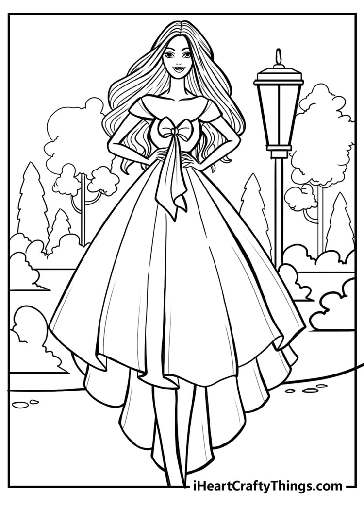 Elegant Barbie in a dress at the park coloring sheet