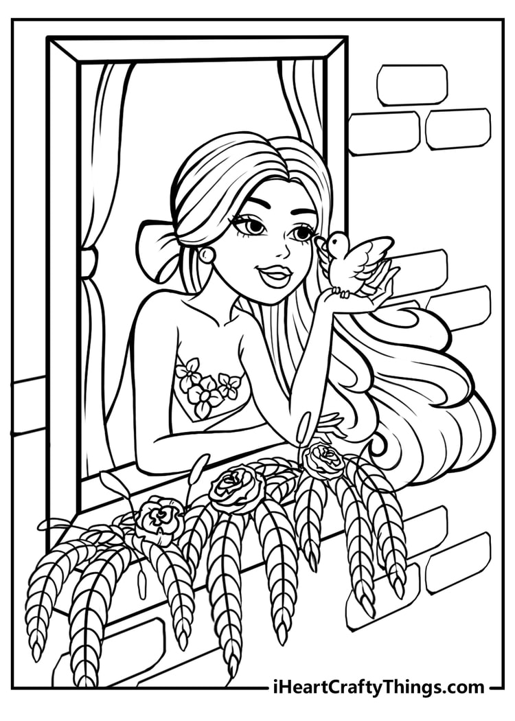 Barbie with a bird on the window detailed coloring page free to print