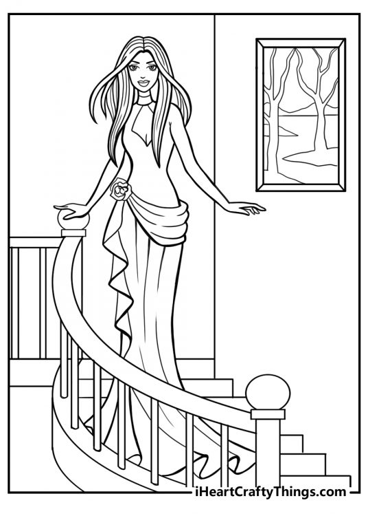 Barbie walking down a staircase in a long dress detailed printable pdf
