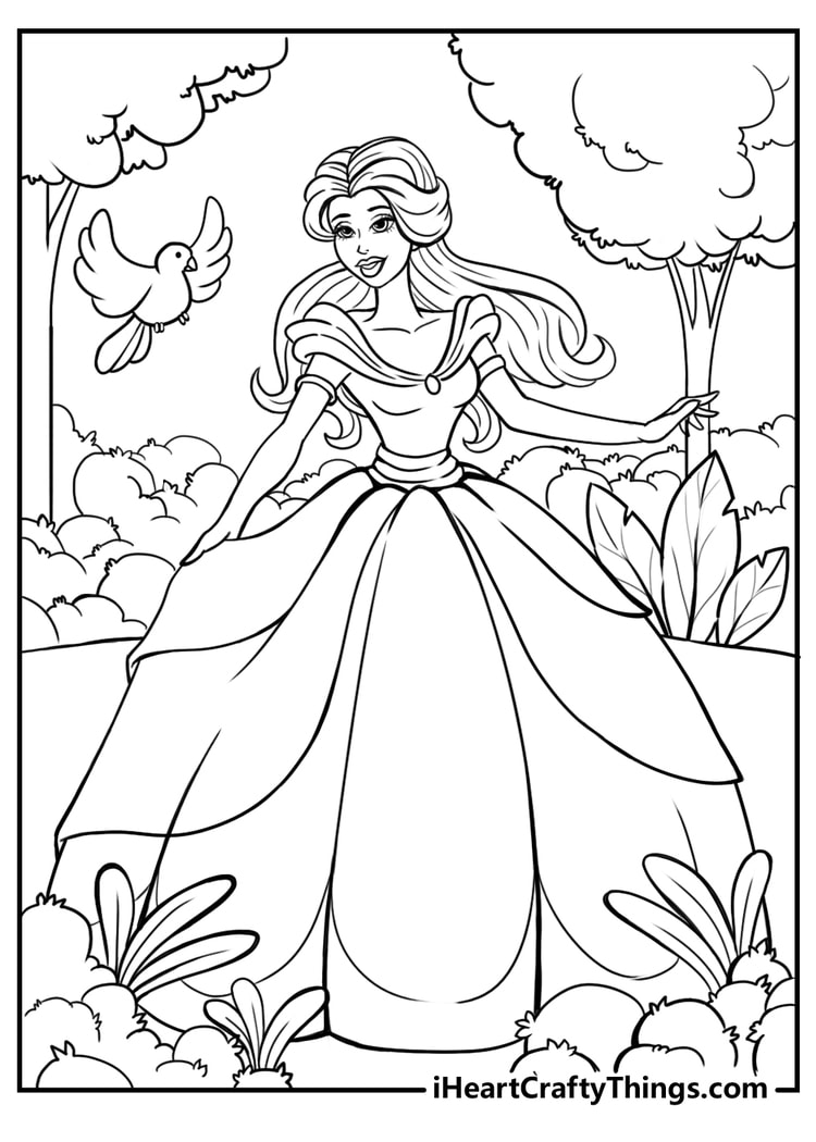 Barbie princess in the forest with bird coloring page for children