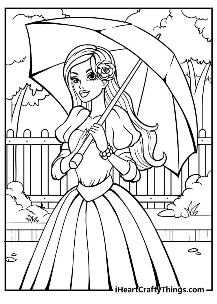 Barbie holding an umbrella in the park coloring sheet to download