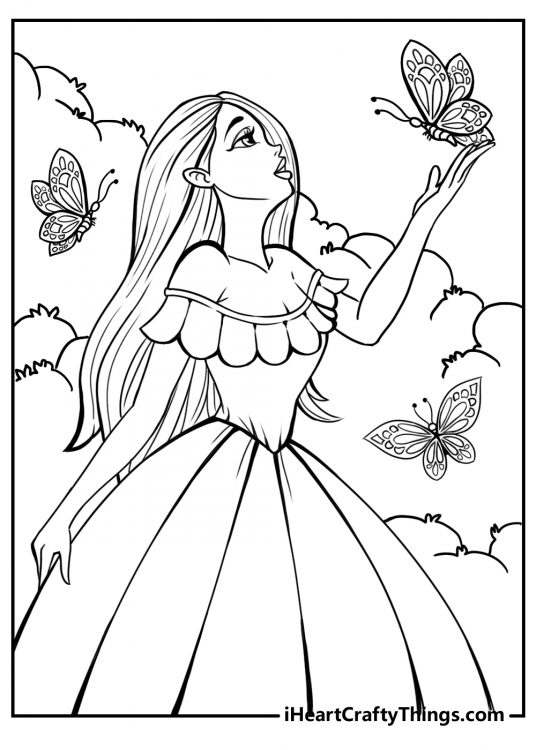 Barbie with butterflies in nature printable coloring sheet for kids
